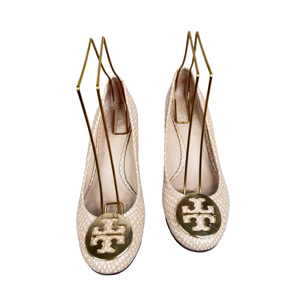 Tory Burch Beige and Gold Wedge Slingbacks